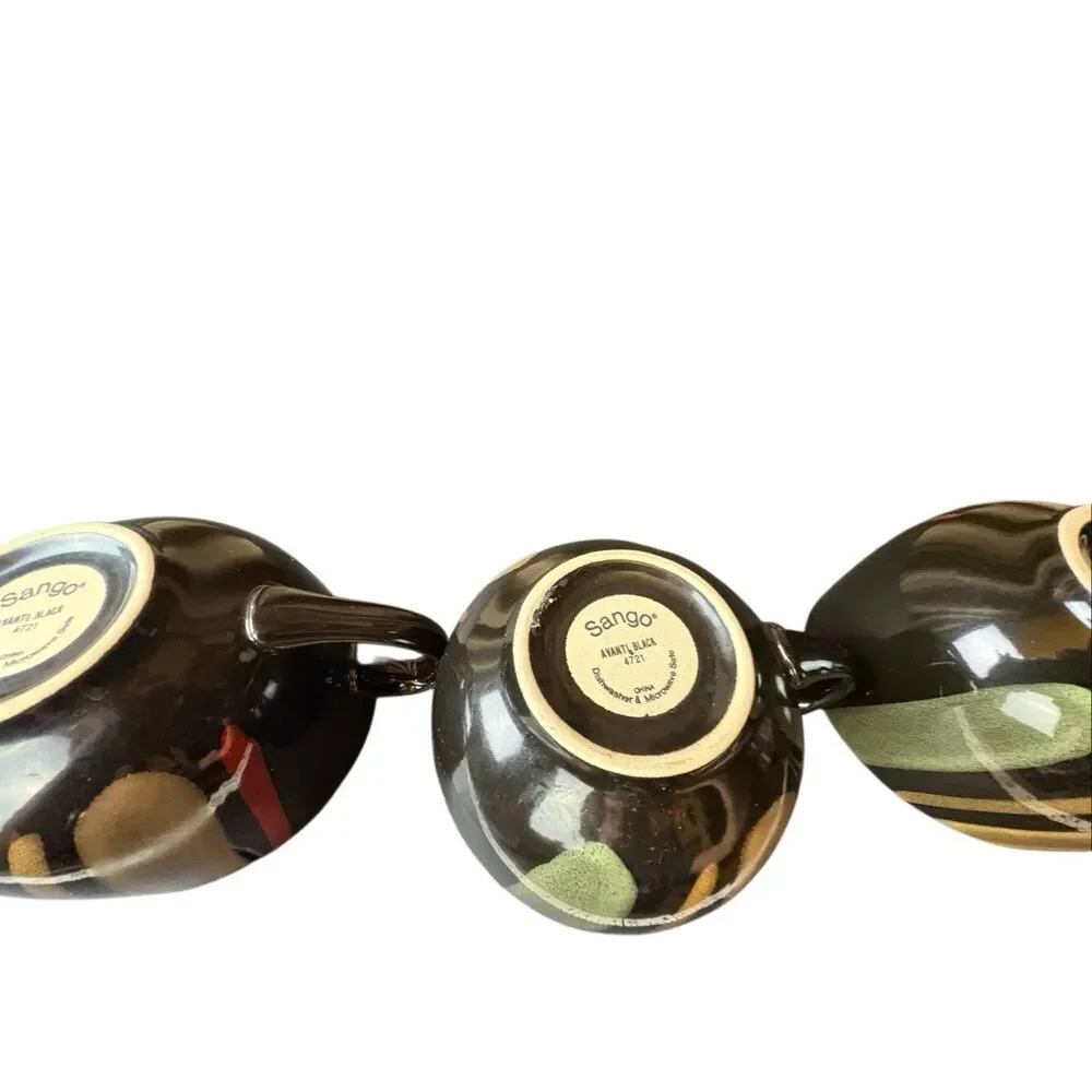 Sango Nova Black 4932 Soup Cups Lot of 4 Handles Black Red Gold Stoneware